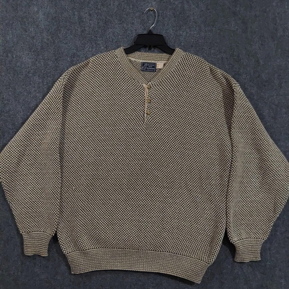 Peconic Bay Traders Sweater Mens XL Green‎ Beige Cotton Henley Pullover USA